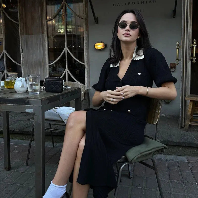 Ribbed Contrast Collar Short Sleeve Buttoned Midi Dress