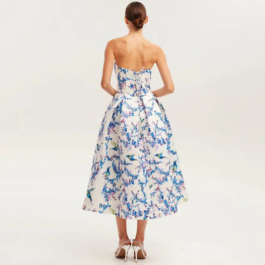 Floral printed strapless back tied rope dress