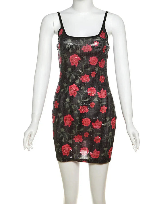 Rose Sequins Splice Sleeveless Mini Dress