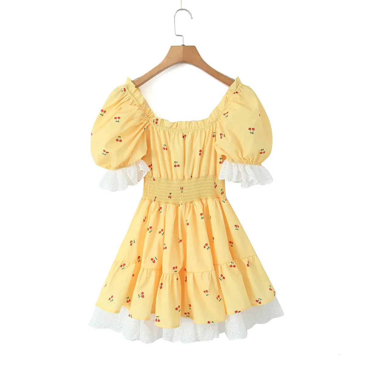 Print Puff Sleeve Ruffles Lace-up Mini Dress