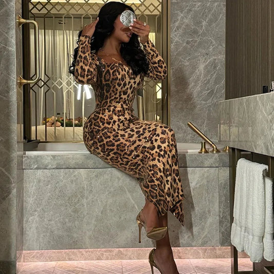 Women's Leopard Print Sequins Split Bodycon Dress