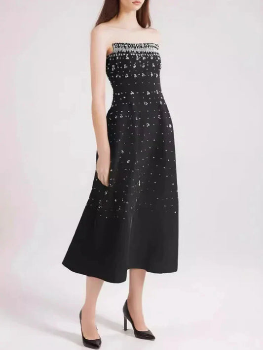 Diamonds Black Crystal Pearl Mini | Midi Dress