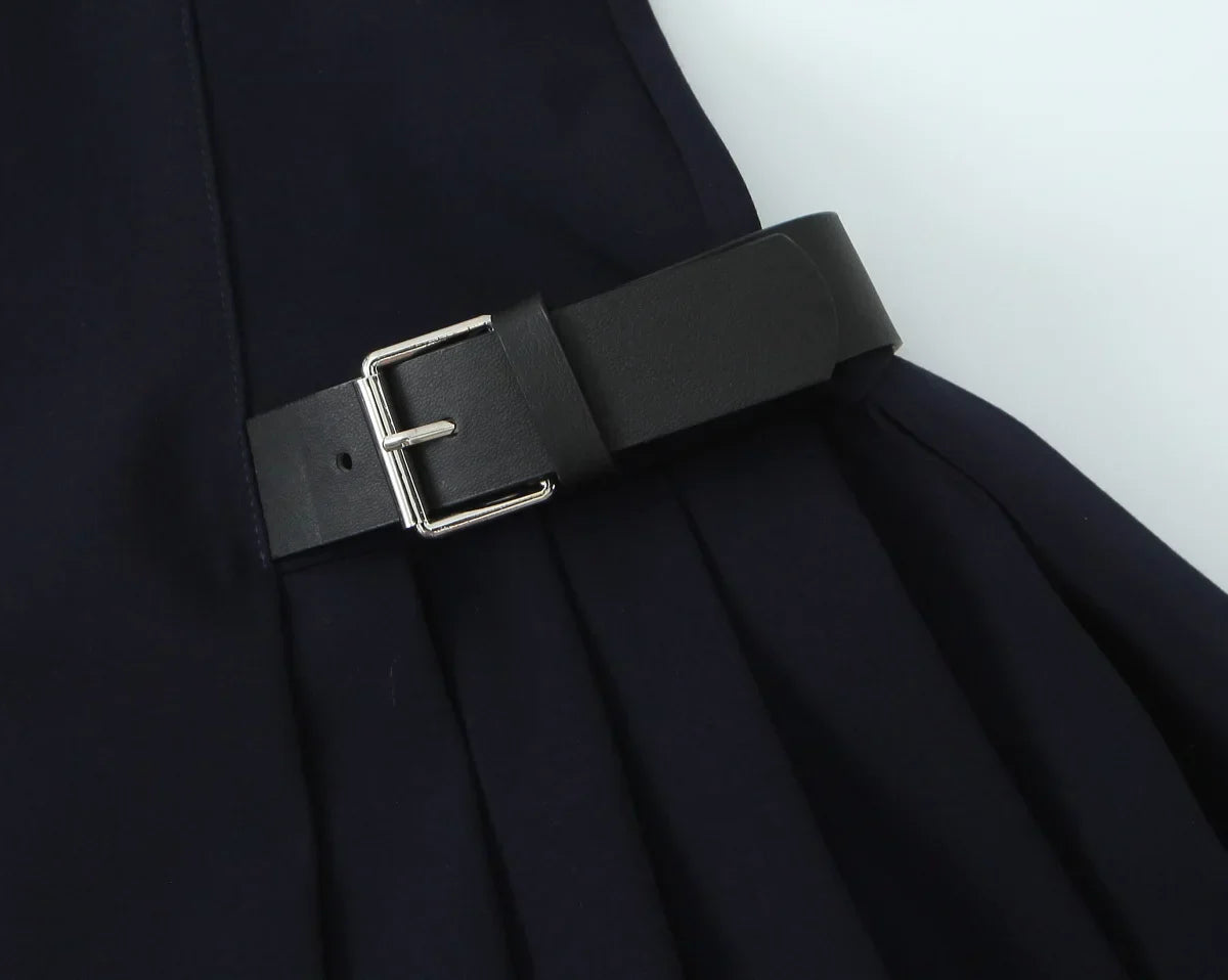 Solid Sleeveless Back Zipper Belt Pleated Dress