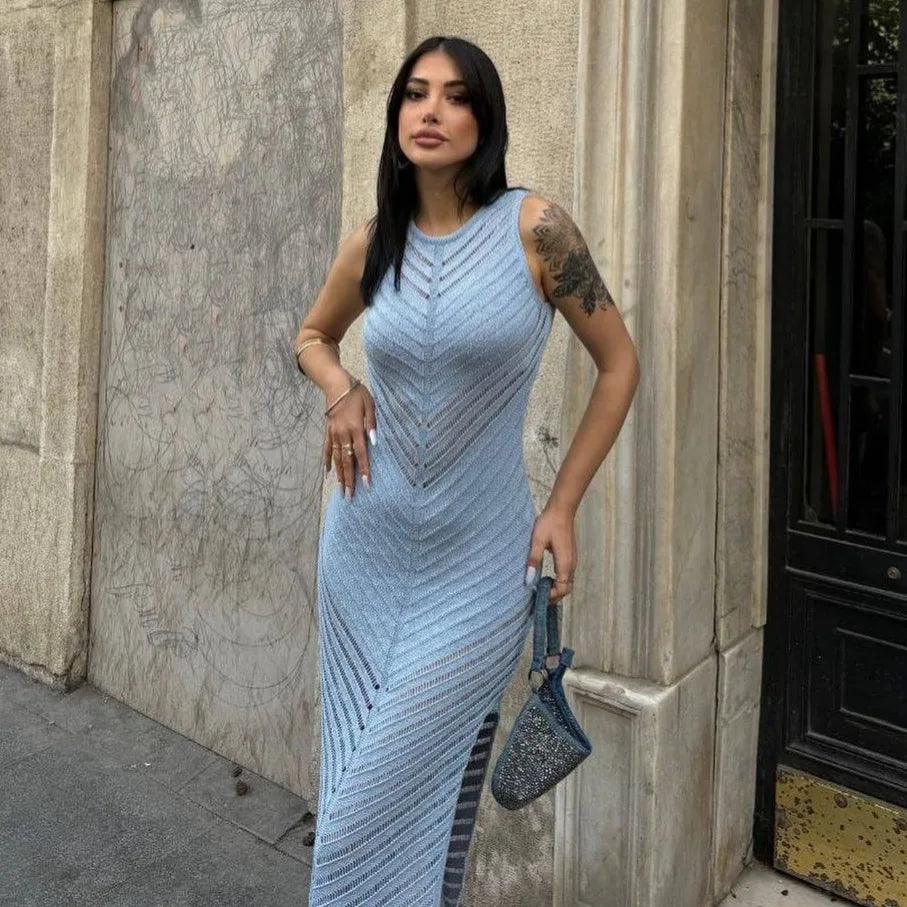 Sleeveless Patchwork Knit Maxi Dresses