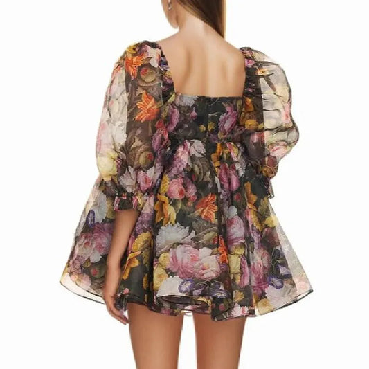 Black Floral Print Square Collar Puff Sleeve Mini Dress