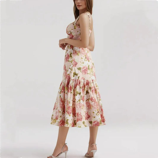 Floral Bra with Wire Corset Ruffles Midi Dress