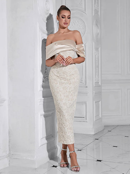 Slash Neck Embossed Flower Beige Dress