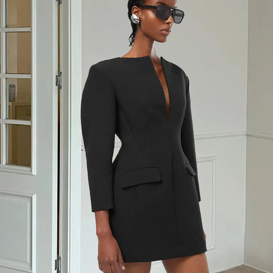 Black Solid Long Sleeve Blazer Dress