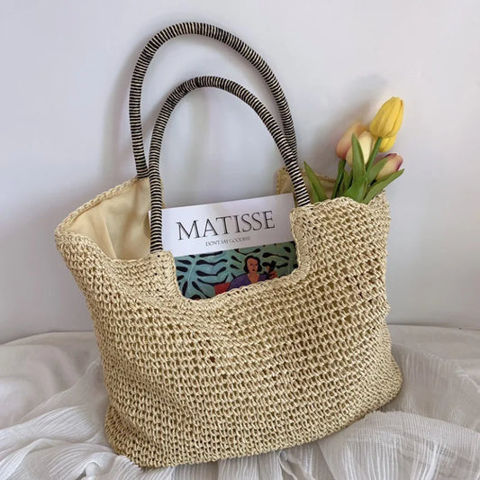 Beach Vintage Handmade Woven Shoulder Bag Raffia Rattan Shopping Bags Bohemian Ladies Summer Travel Vacation Casual Totes