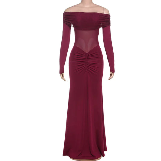 Elegant Backless High Waist Mesh Patchwork Maxi Dress