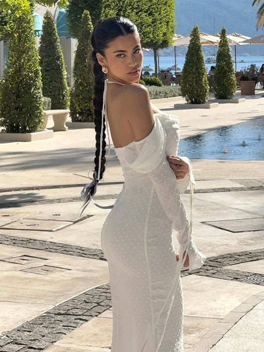 Polka Jacquard Long Flare Sleeves Midi Dress