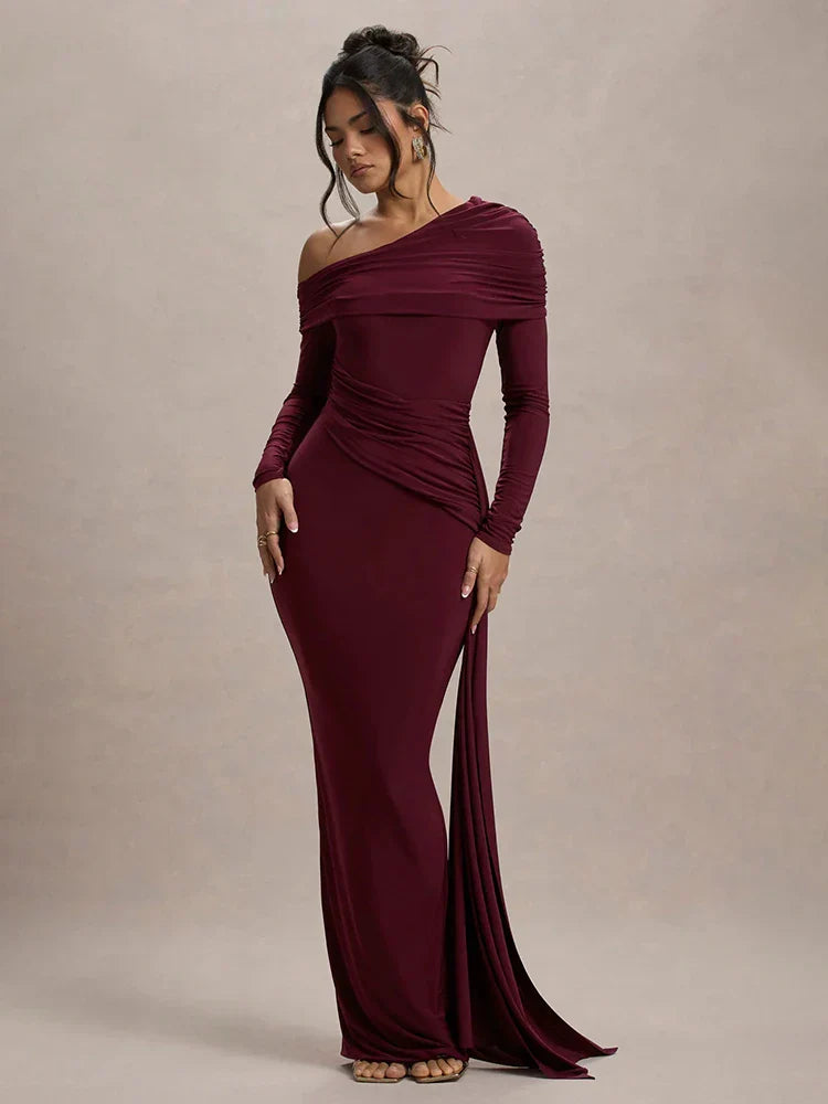 Skew Collar Long Sleeve Maxi Dress