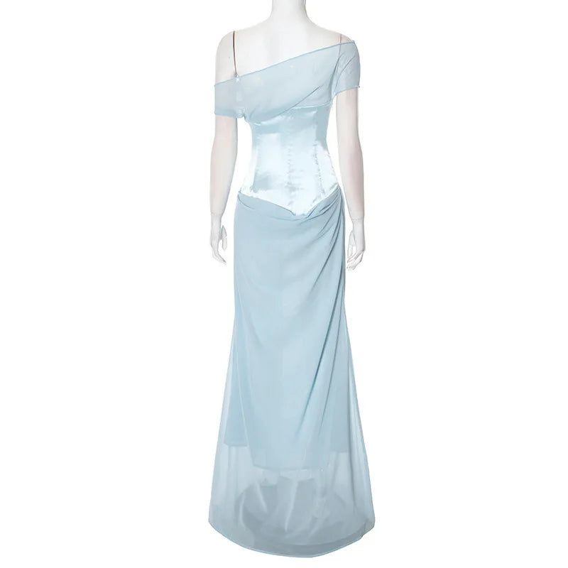 Patchwork Diagonal Collar Women Maxi Dress