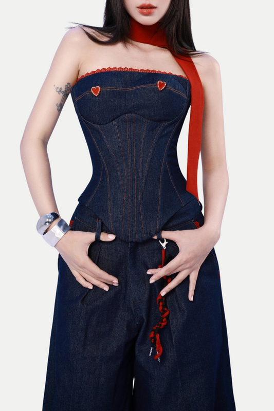 Zamira Strapless Lace Up Denim Set