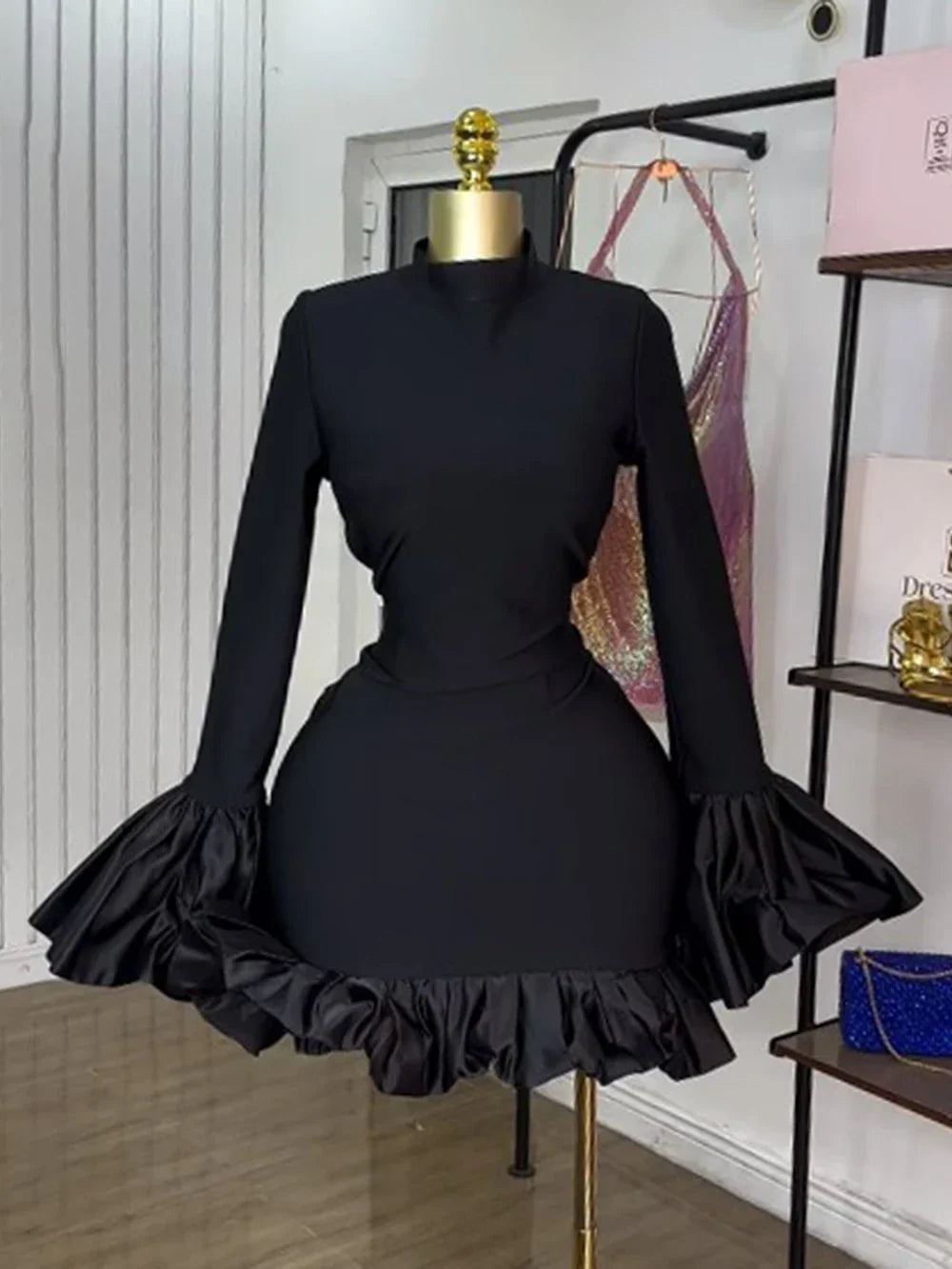Half High Collar Trumpet Sleeve Ruffle Mini Dress