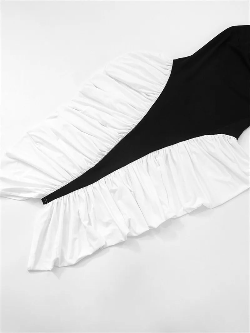 Patchwork Halter Backless Contrast Pleated Midi Dress