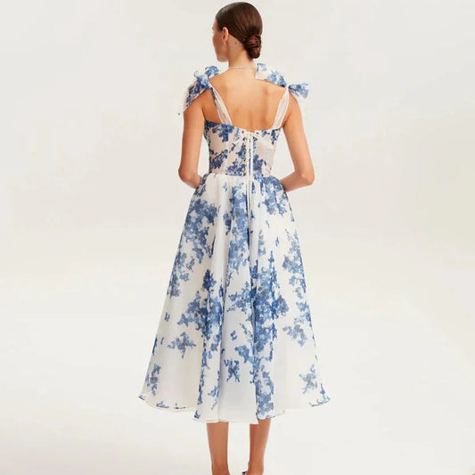 Floral back lace-up suspender dress