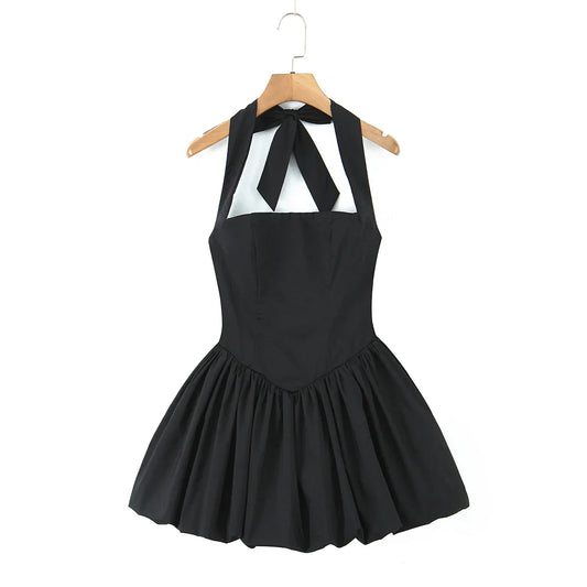 Bow Halter Slash Collar Lacing-Up Back Mini Dress