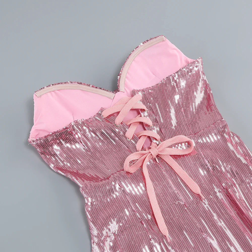 Sequined Strapless Slit Lace Up Ankle Length Dress