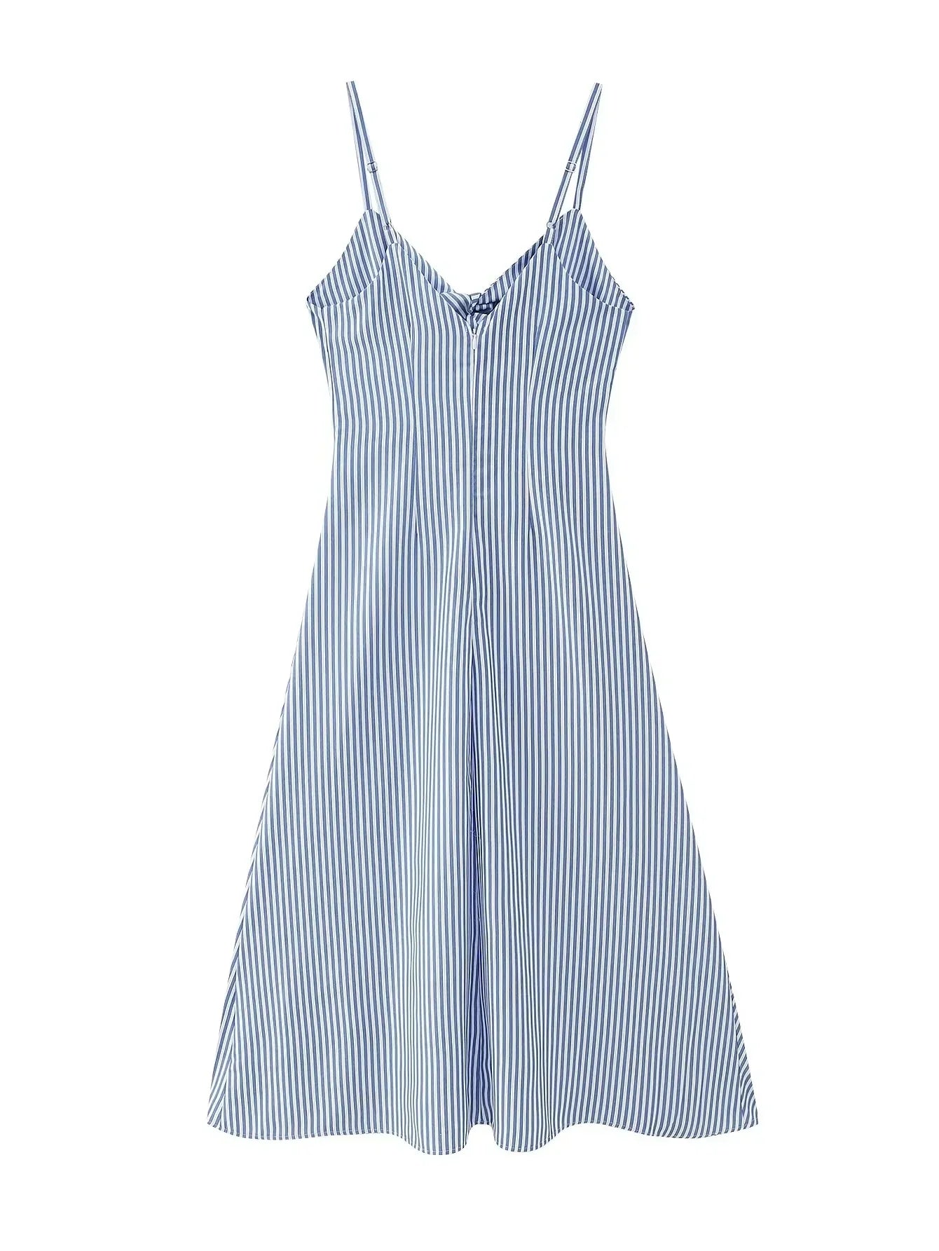 Back Zip Blue Striped Spaghetti Strap Midi Dress