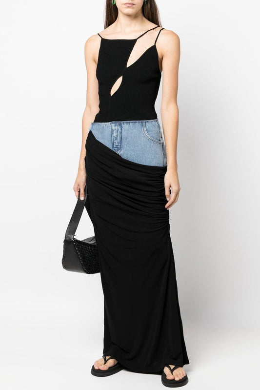 Sloane Draped Patchwork Denim Skirt