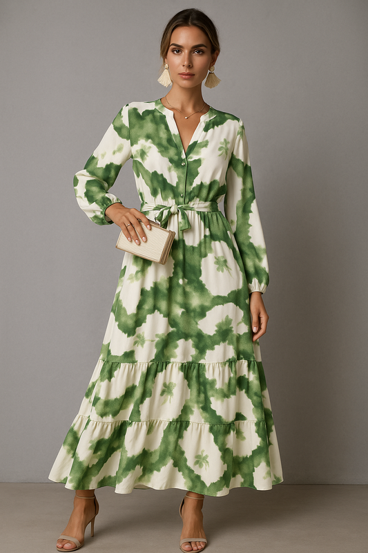 V-Neck Maxi Dress | Tiered Skirt and Drawstring Waist