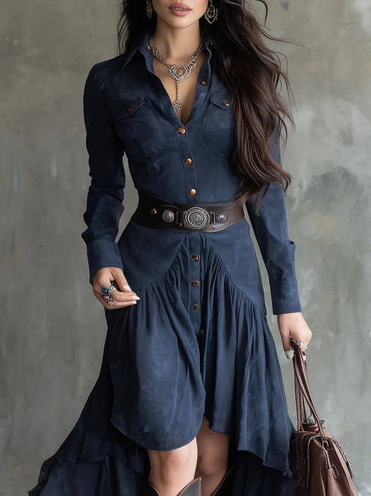 Retro Blue Lapel Button Pocket Irregular Flowy Midi Dress