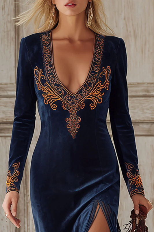 Ethnic Embroidery Navy Blue Faux Suede Slit Tassel Maxi Dress