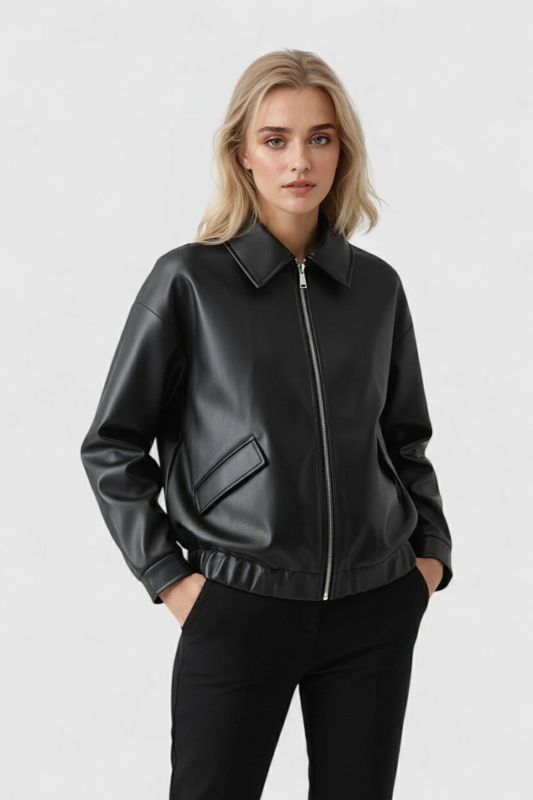 Relaxed Faux Leather Jacket | Zip Front And Elastic Hem