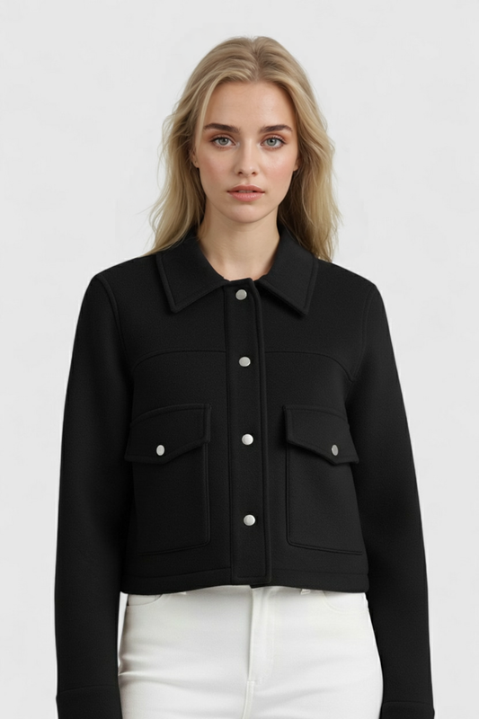 Cropped Button Jacket | Square Collar, Pocket Detail, Long Sleeve