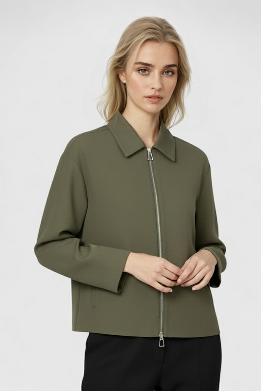 Cropped Zip Front Jacket | Smooth Polyester | Point Collar | Relaxed Fit