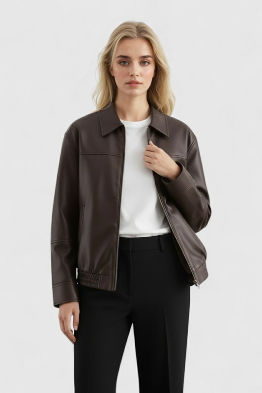 Maison Faux Leather Pilot Jacket | Zip Front Turn-Down Collar Autumn