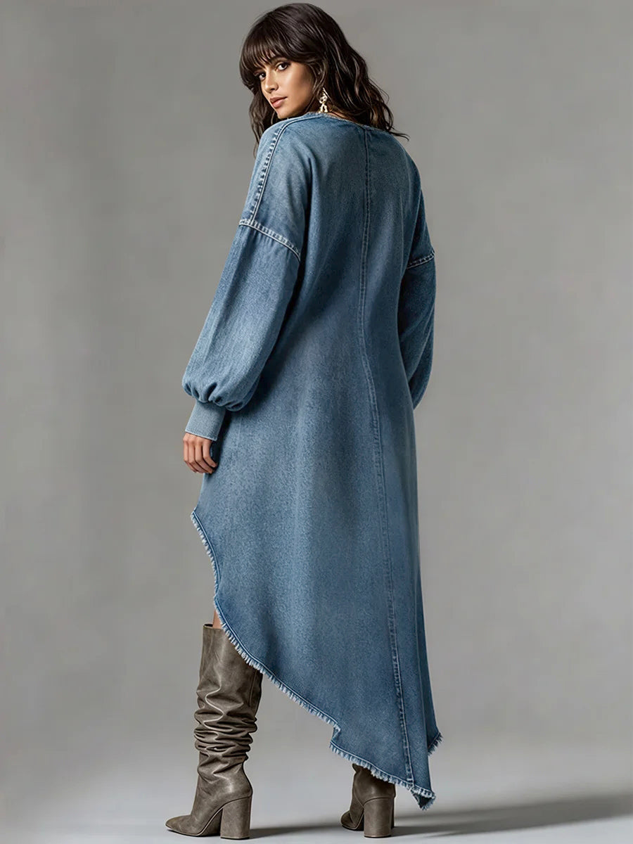 sheenchic Festival Blue V Neck Lantern Sleeve Long Sleeve High Low Hem Casual Denim Mini Dresses