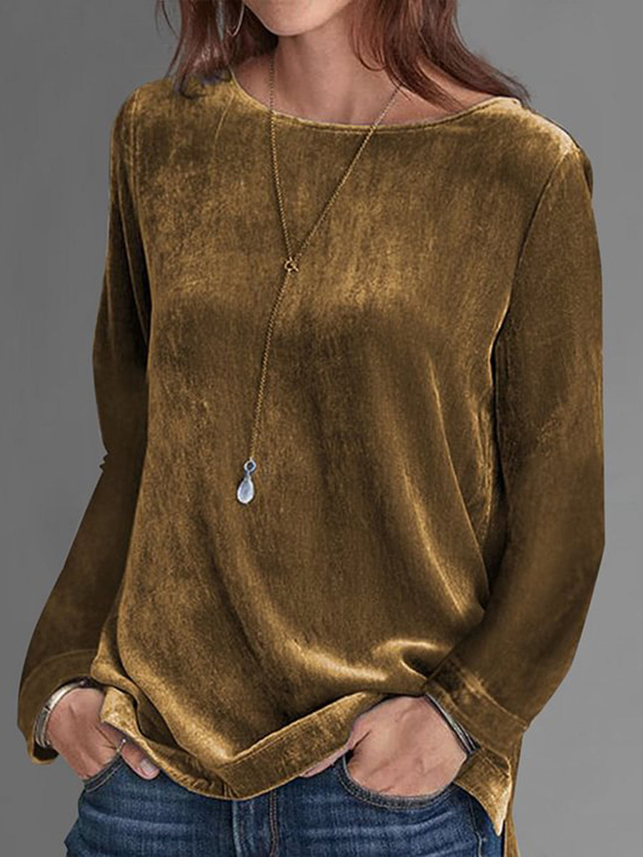 Casual Round Neck Long Sleeve Solid Velvet Sweatshirt