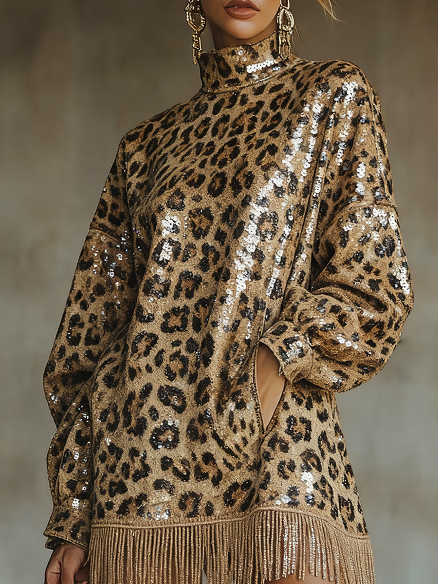 sheenchic Party Metallic Brown Leopard High Collar Lantern Sleeve Long Sleeve Strappy Vintage Pocket Sequin Mini Dresses
