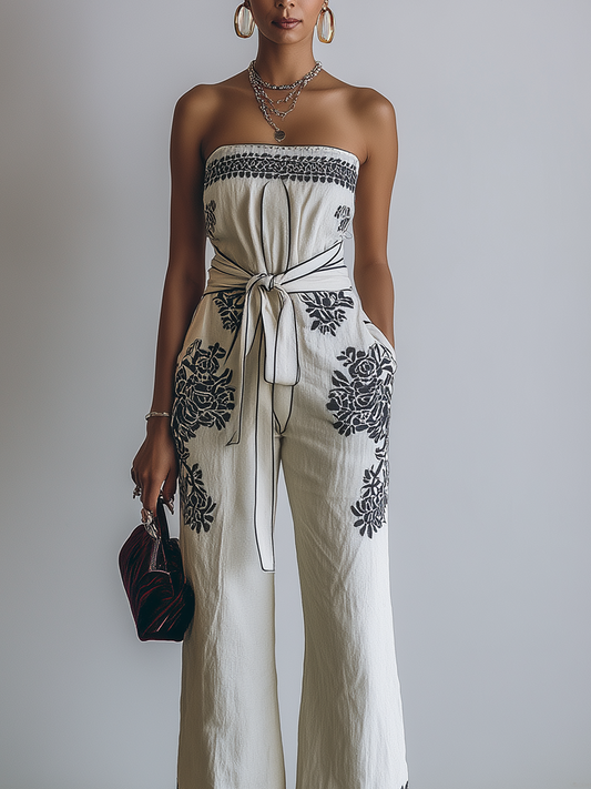 Strapless Embroidered Wide-Leg Jumpsuit With Waist Tie And Bohemian Detailing