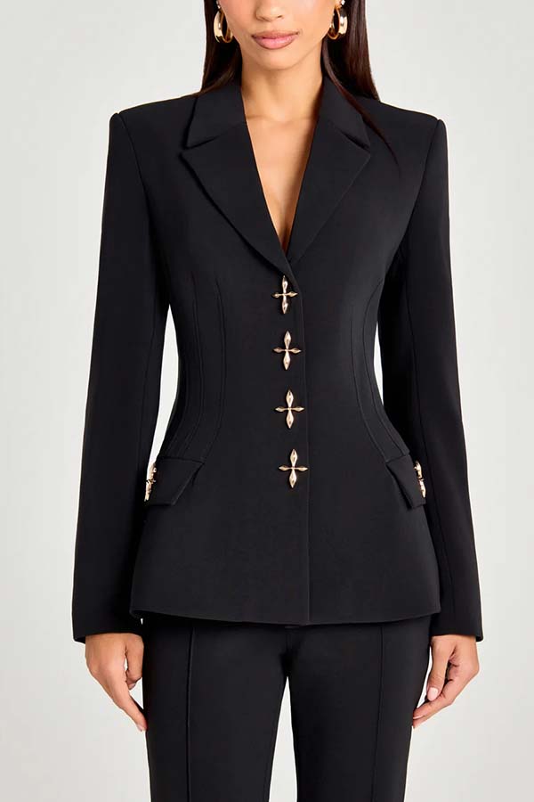 Women Power Metal Cross Snap Button Long Sleeve Lapel Blazer