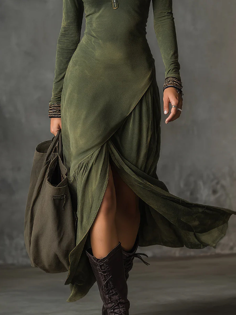 Daily Green Turndown Collar Long Sleeve Asymmetric Hem Western Zipper Chamois Midi Dresses