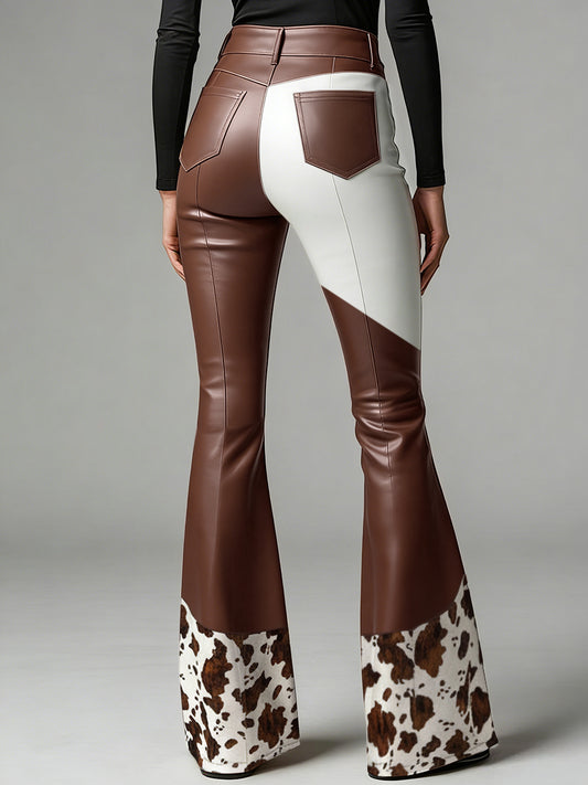 Western Cow Pattern PU Leather High Waist Bell Bottom Pants