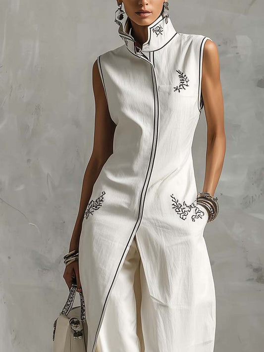 White Linen Cotton Two-Piece Set With Black Vintage Embroidery And Trim