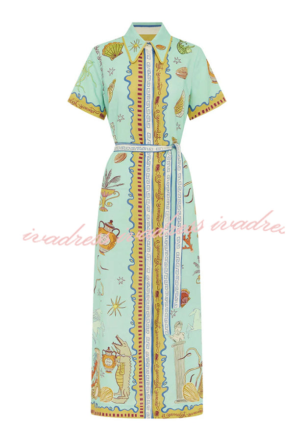 Vestido camisero largo de manga corta con lazo y estampado único de mezcla de lino Deep Sea Dreaming