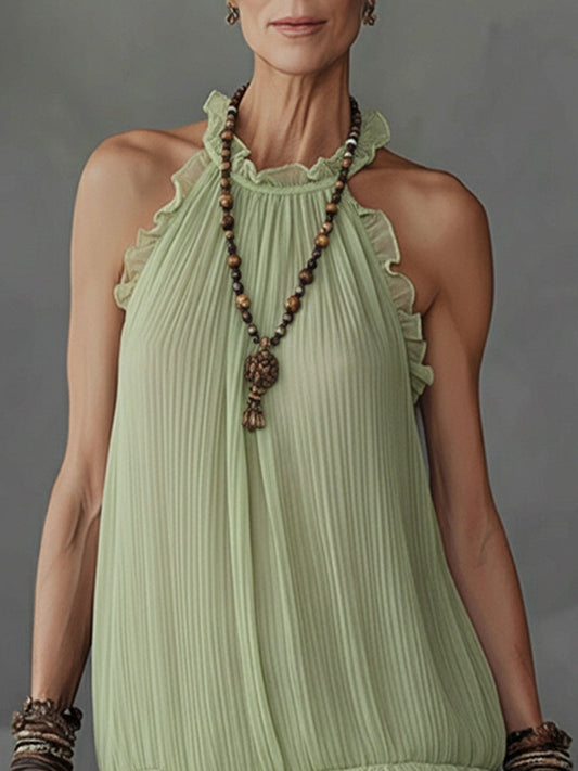 Green Pleated Chiffon Halter Mini Dress with Brown Lace Trim