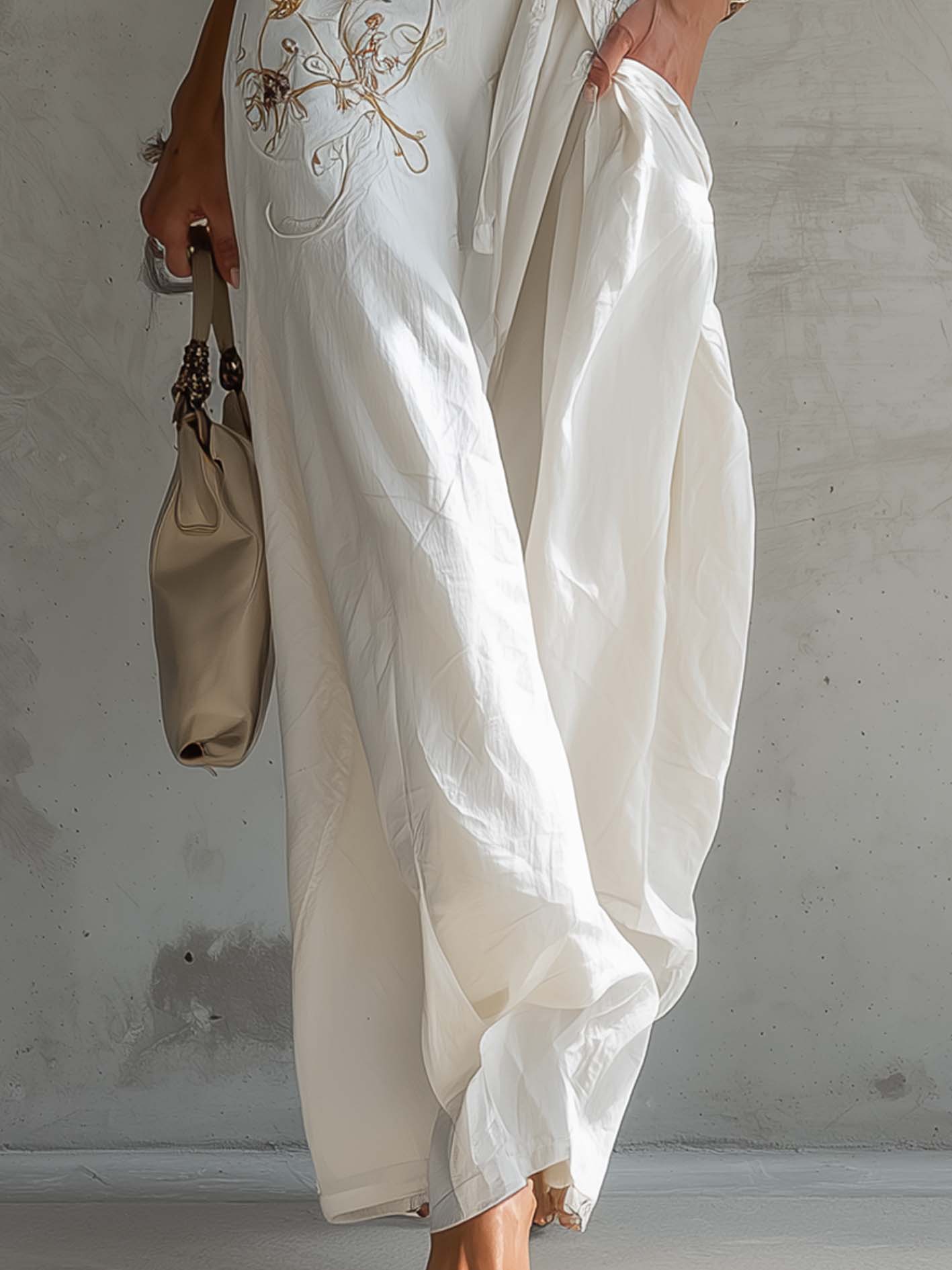 White Off Shoulder Embroidered Cotton Linen Jumpsuit