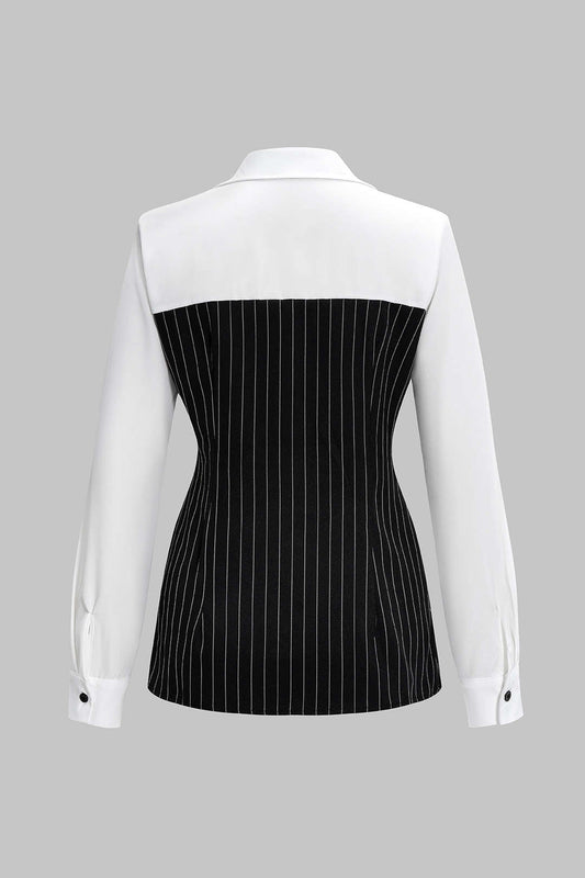 Stripes Print Button Patchwork Long-Sleeve Shirt