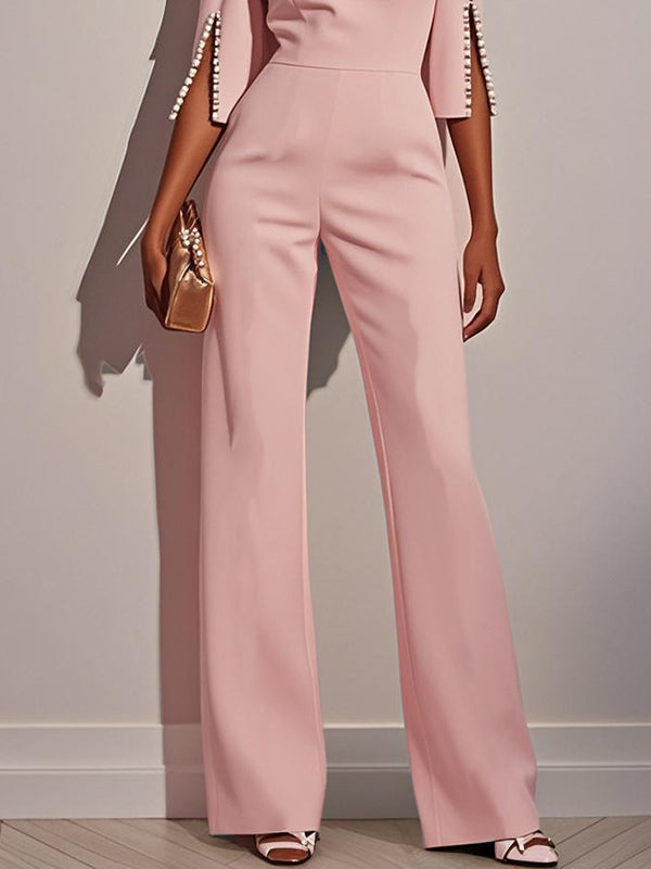 Solid Color Round Neck Beaded Decoration Slim Fit Casual Jumpsuit