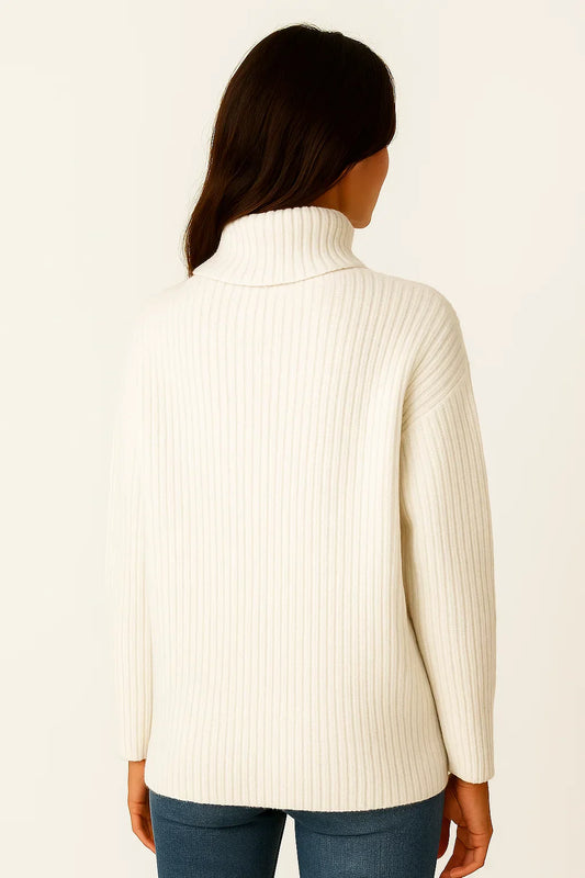 Ribbed Turtleneck Sweater | Button Cuff Detail | Relaxed Fit