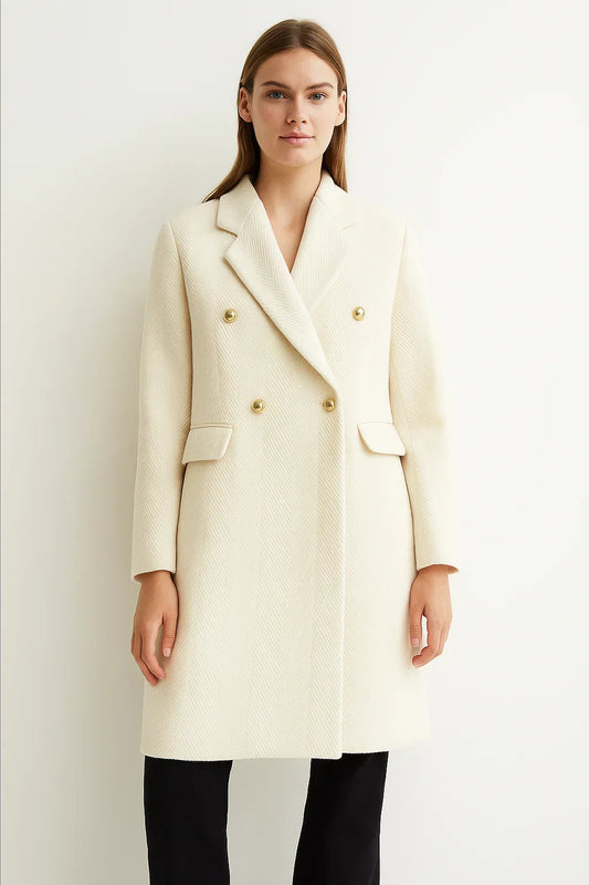 Long Wool Blend Coat | Chevron Weave | Double Breasted Gold Buttons