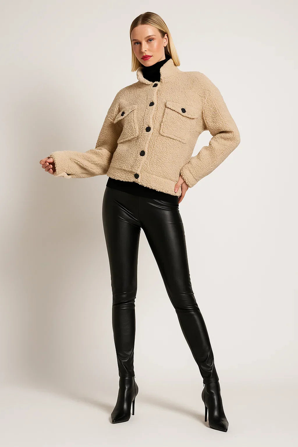 Sherpa Jacket | Contrast Buttons | Cropped Wool Blend