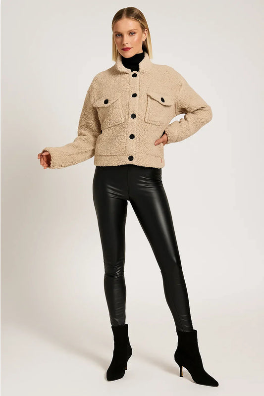 Sherpa Jacket | Contrast Buttons | Cropped Wool Blend