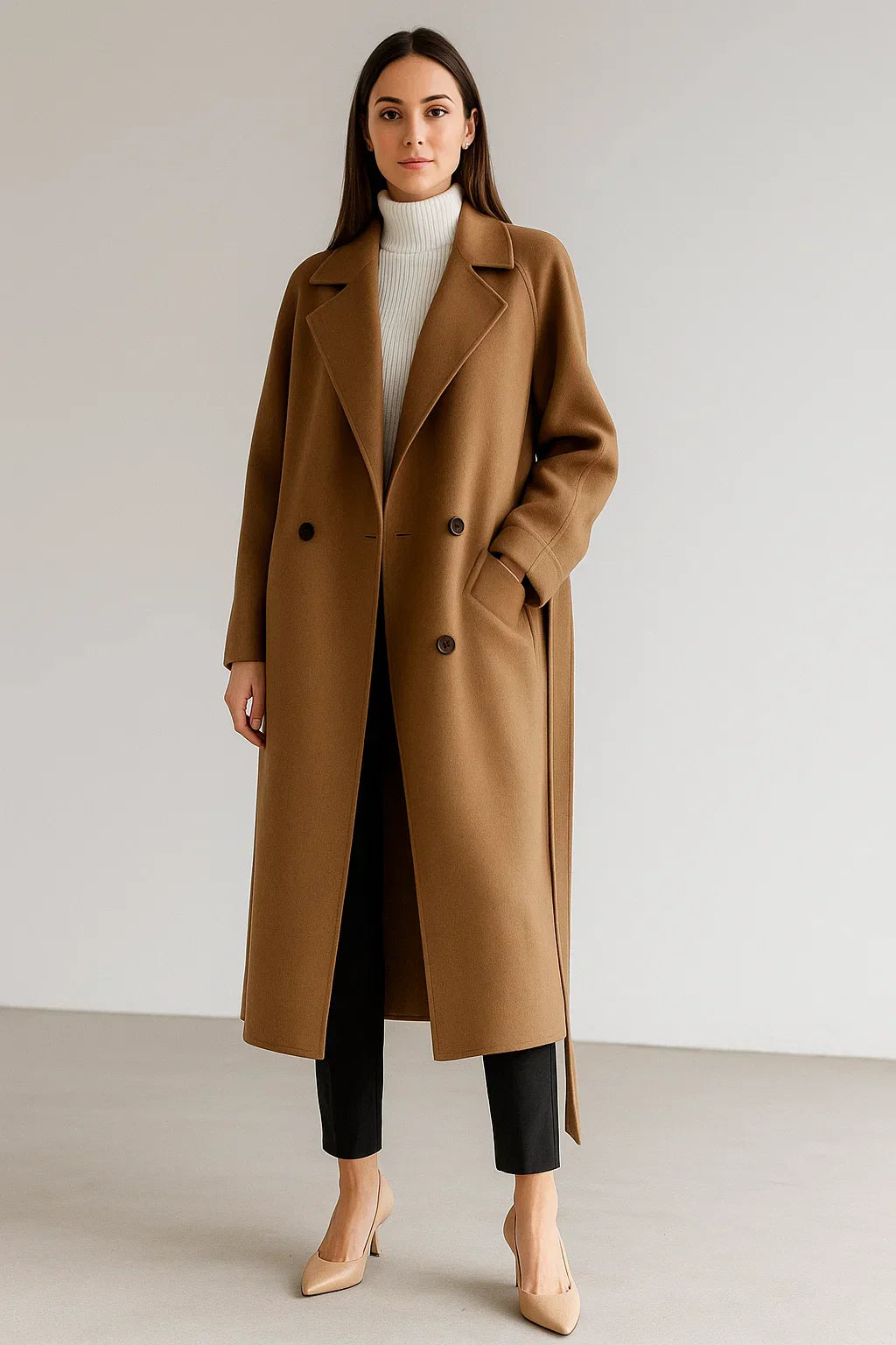 Wool Blend Long Coat | Oversized Fit | Belted Winter Design